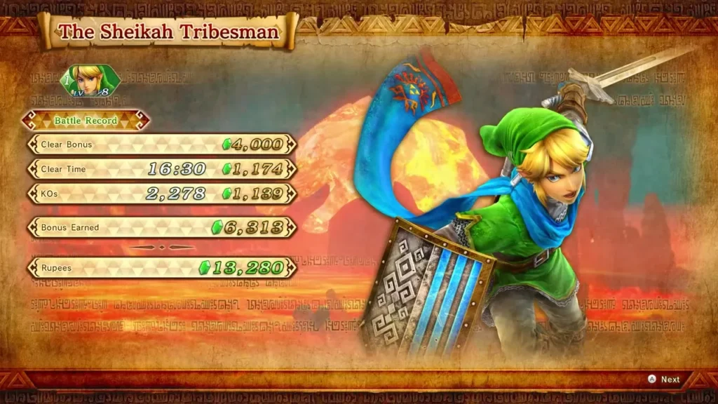 Battle Record of The Sheikah Tribesman with a clear time of 16:30 and 2,278 KOs after the battle Battle Record of The Sheikah Tribesman with a clear time of 16:30 and 2,278 KOs after the battle