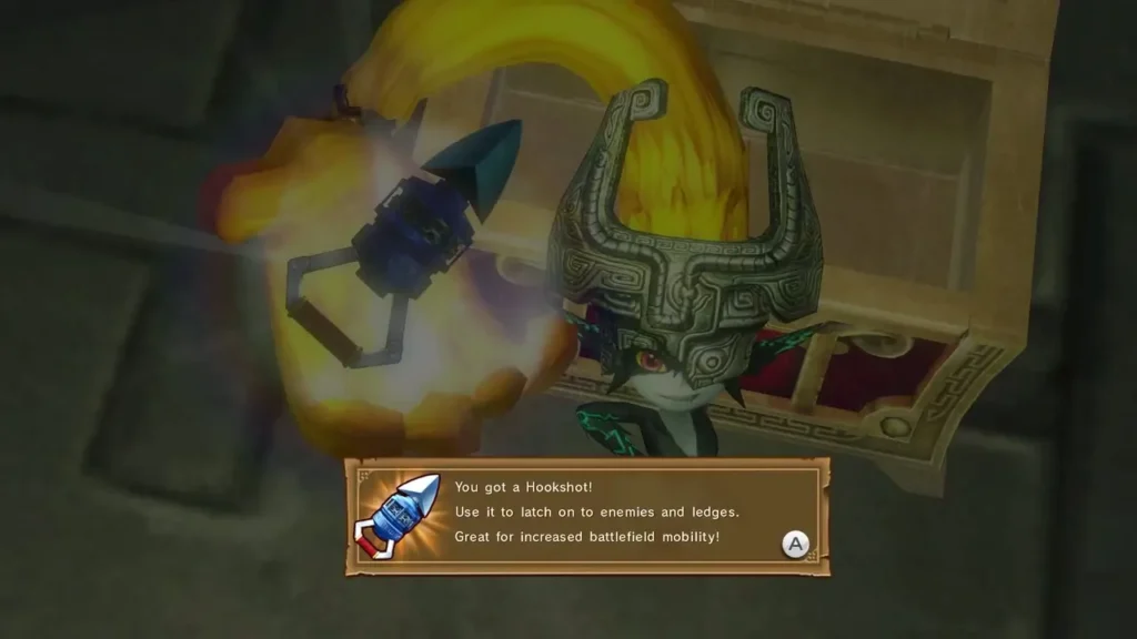 Midna beside an open chest, with the message You got a Hookshot Midna beside an open chest, with the message You got a Hookshot