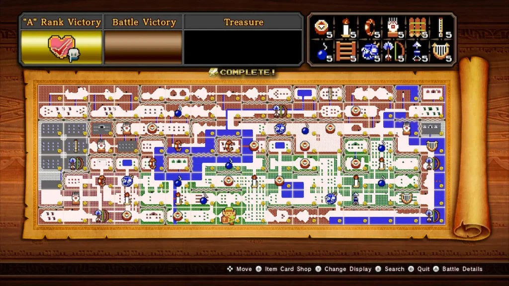 The Adventure Mode map, a grid in which each square is one battle, with the A rank and Complete banner