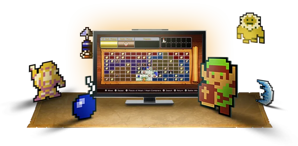 Official Adventure Mode artwork: a TV showing a grid of battle squares, with 8-bit warriors and item icons around it Official Adventure Mode artwork: a TV showing a grid of battle squares, with 8-bit warriors and item icons around it