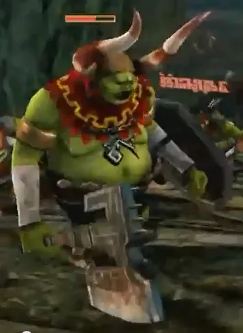 Large horned Bulblin with a red necklace and a heavy blade, shown in battle with its health bar Large horned Bulblin with a red necklace and a heavy blade, shown in battle with its health bar