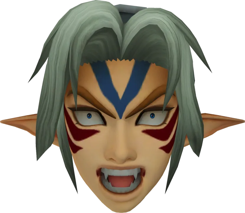 Official model of the Fierce Deity's Mask, its face open to show fanged teeth Official model of the Fierce Deity's Mask, its face open to show fanged teeth