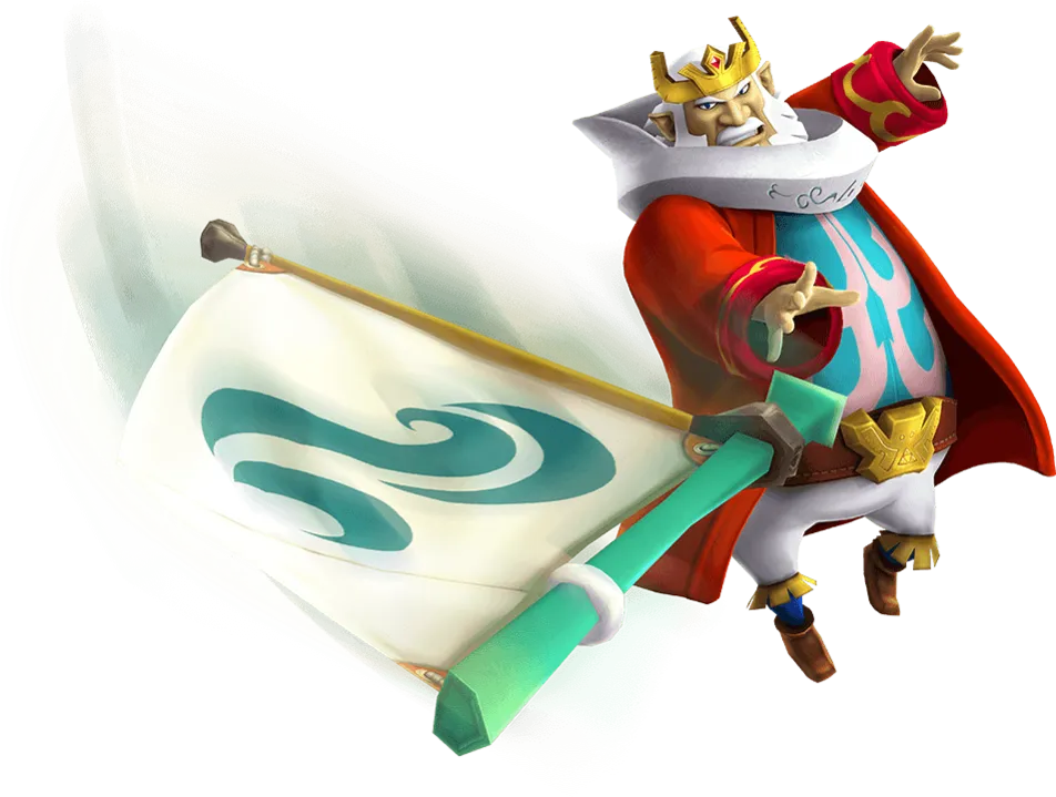 Official art of King Daphnes swinging a white sail with a teal wave swirl on it Official art of King Daphnes swinging a white sail with a teal wave swirl on it