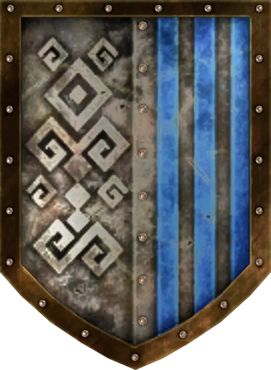Official model of the Knight's Shield, a metal shield with blue stripes and a Greek key pattern Official model of the Knight's Shield, a metal shield with blue stripes and a Greek key pattern
