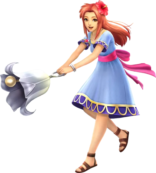 Official art of Marin holding the Sea Lily's Bell, a white bell with a golden knob Official art of Marin holding the Sea Lily's Bell, a white bell with a golden knob