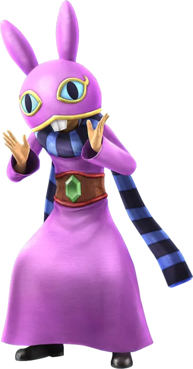 Official art of Ravio, a purple rabbit-eared figure in a long robe with a striped scarf Official art of Ravio, a purple rabbit-eared figure in a long robe with a striped scarf