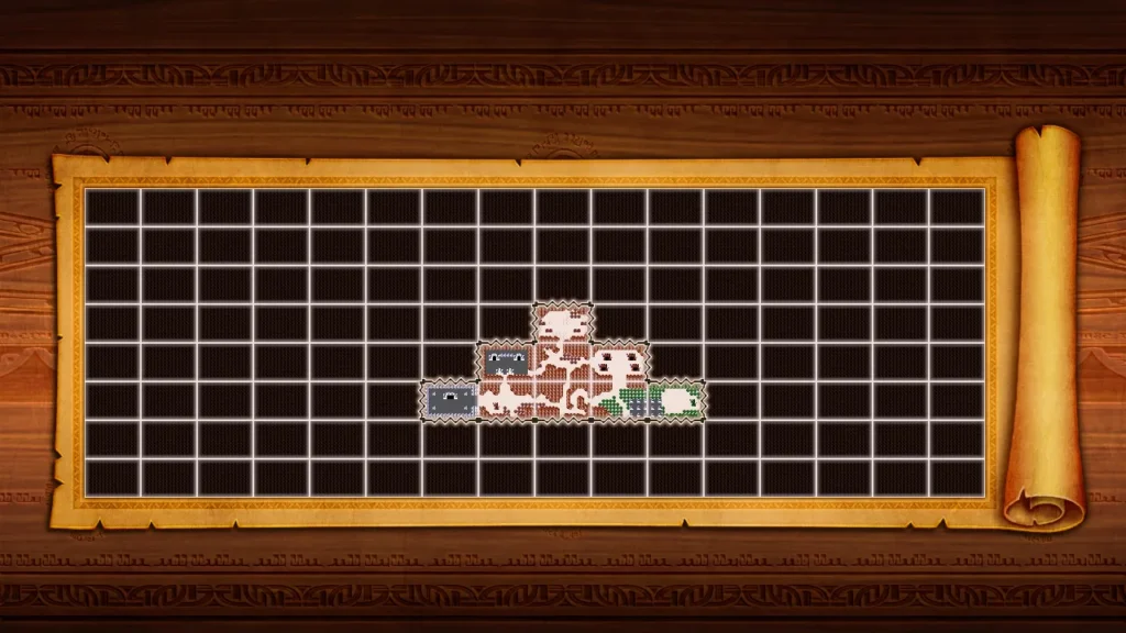 An Adventure Mode map with only a few squares filled in, the start of a grid of battles