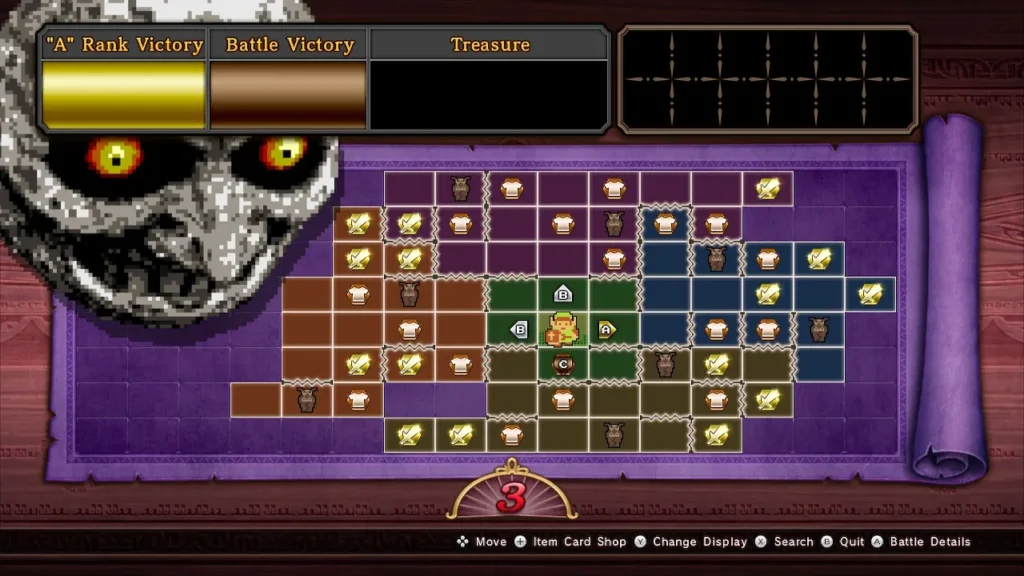 The Termina Map, a grid of battle squares with the Moon counter at 3 and an 8-bit Link on one square The Termina Map, a grid of battle squares with the Moon counter at 3 and an 8-bit Link on one square