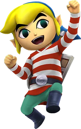 Official art of Toon Link in a red and white striped sailor outfit, cheering Official art of Toon Link in a red and white striped sailor outfit, cheering