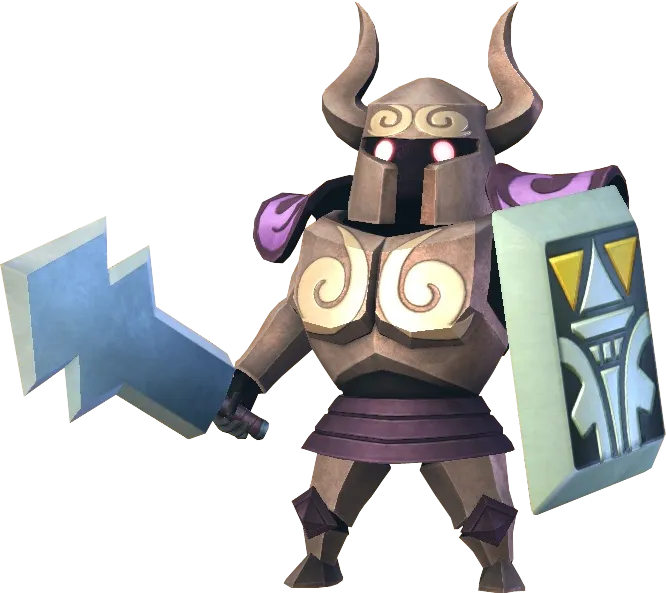 Official model of a Phantom in bronze armour with horns, a blue hammer and a shield Official model of a Phantom in bronze armour with horns, a blue hammer and a shield