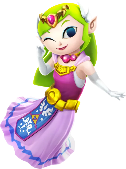 Official art of Toon Zelda in a pink gown, winking, with a gold tiara and white gloves Official art of Toon Zelda in a pink gown, winking, with a gold tiara and white gloves