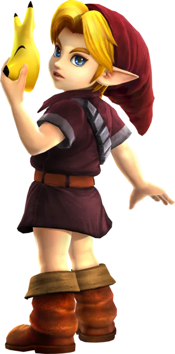 Official art of Young Link in a red tunic, holding a golden Ocarina of Time Official art of Young Link in a red tunic, holding a golden Ocarina of Time