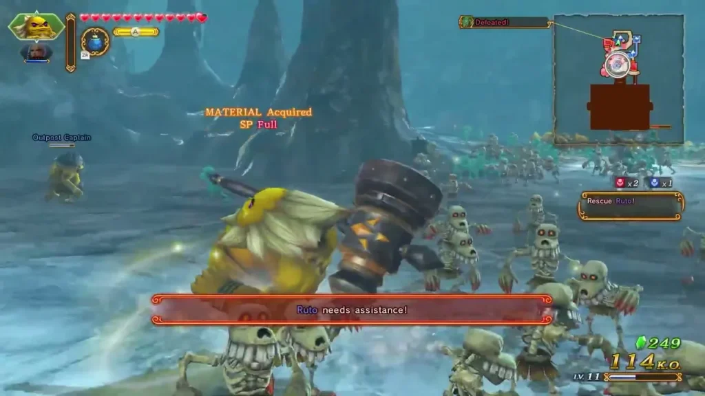 Darunia swings his hammer through skeleton soldiers as MATERIAL Acquired and SP Full pop up in battle Darunia swings his hammer through skeleton soldiers as MATERIAL Acquired and SP Full pop up in battle