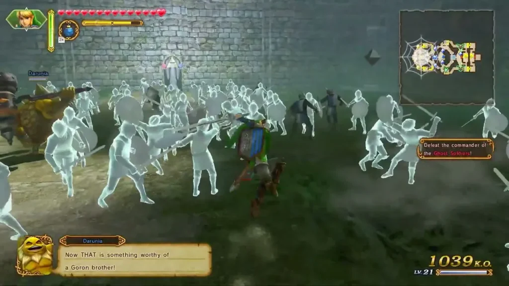 Link fights ghost soldiers at level 21 while Darunia speaks, with Defeat the commander on screen Link fights ghost soldiers at level 21 while Darunia speaks, with Defeat the commander on screen