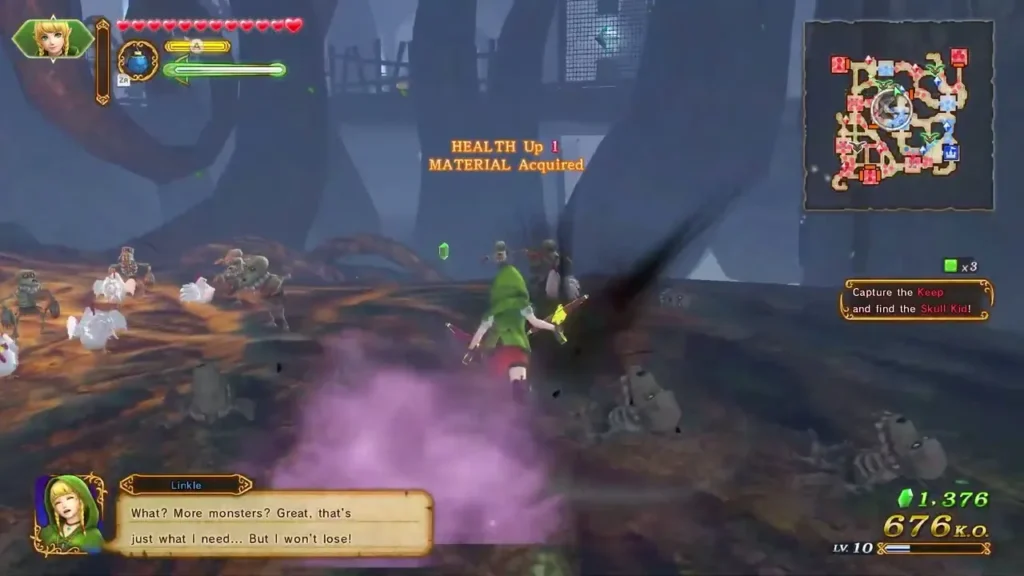 Linkle fights in the forest as HEALTH Up and MATERIAL Acquired pop up during the battle Linkle fights in the forest as HEALTH Up and MATERIAL Acquired pop up during the battle