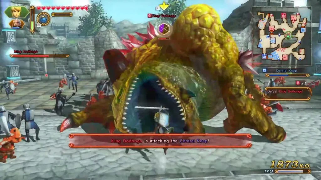 King Dodongo, a giant boss with its name bar, attacks the Central Keep as Link fights King Dodongo, a giant boss with its name bar, attacks the Central Keep as Link fights