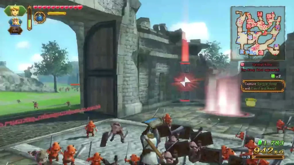 Link and soldiers fight near a keep while its capture point glows pink Link and soldiers fight near a keep while its capture point glows pink