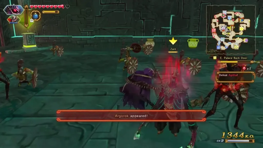 The 'Argorok appeared!' message in the palace as Zant stands among enemies with the Defeat Agitha objective
