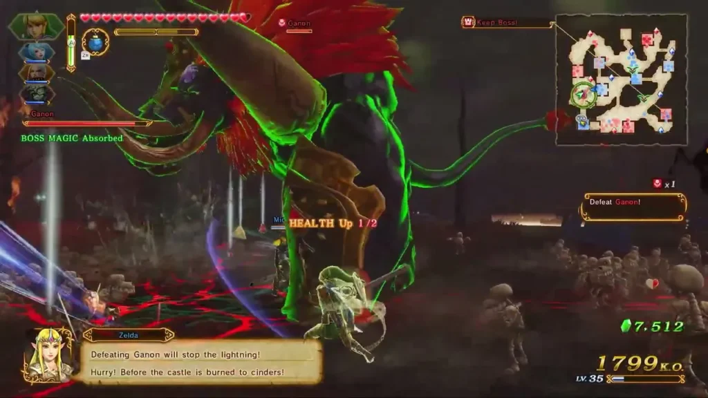 Ganon with its boss bar and Defeat Ganon objective as Zelda warns that the castle burns