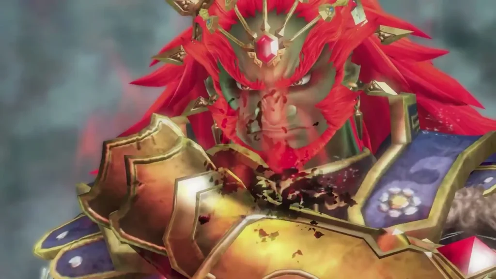 Ganondorf's gold armor cracks and sparks in a cutscene