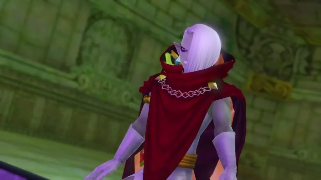 Ghirahim in his red cape and collar, looking away in a cutscene