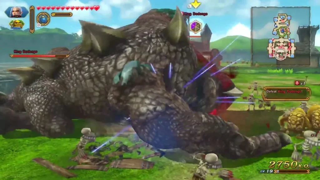 King Dodongo on a grassy field with its boss bar and the Defeat King Dodongo objective
