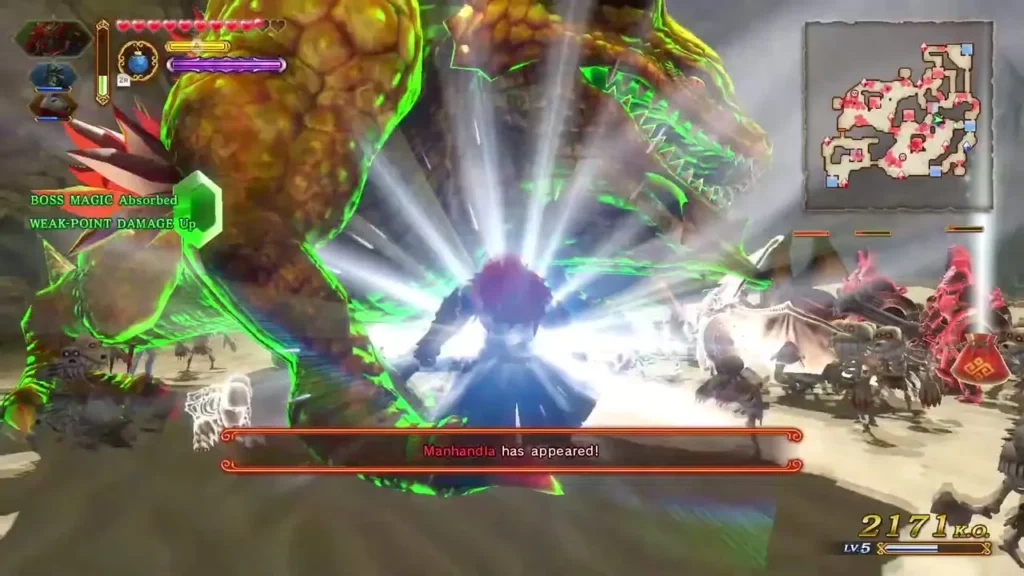 The 'Manhandla has appeared!' message as the plant appears among red soldiers