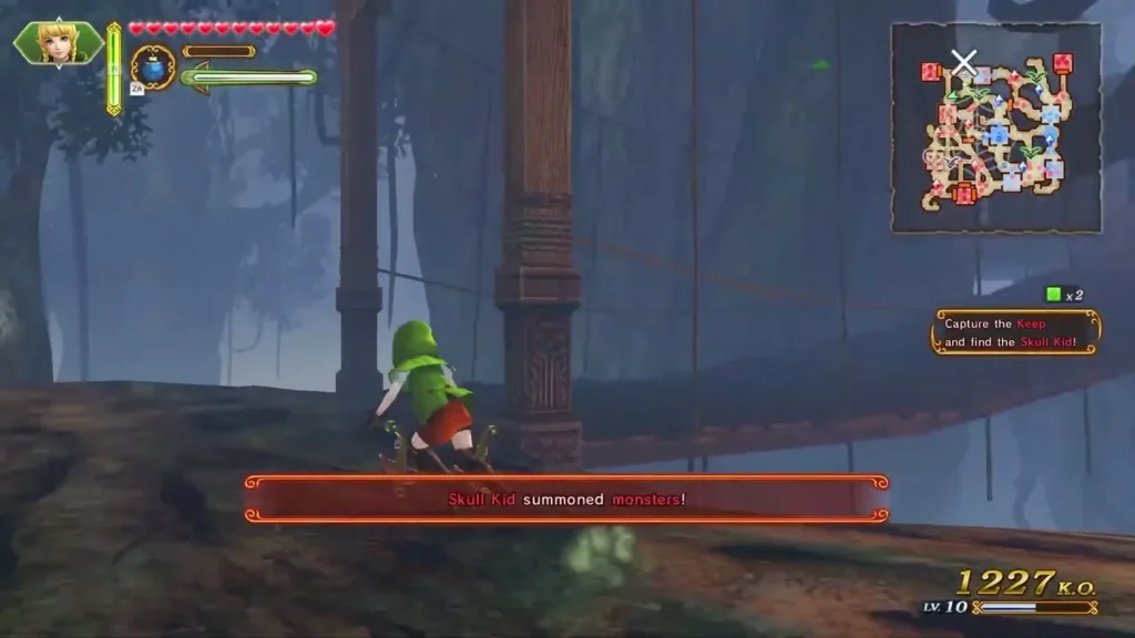 The 'Skull Kid summoned monsters!' message appears as Link runs through the forest