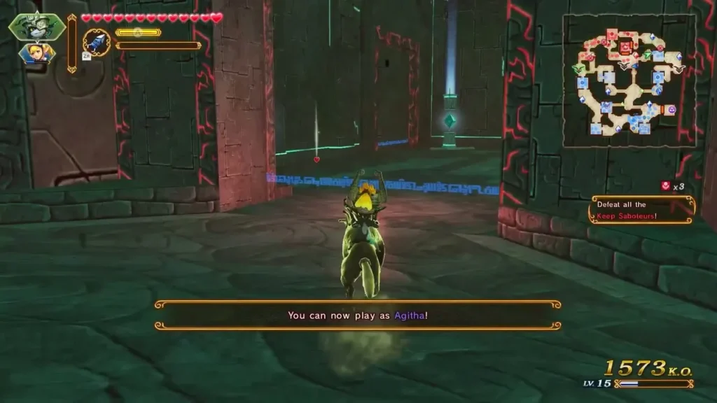 The message You can now play as Agitha! appears as Agitha stands in a green temple The message You can now play as Agitha! appears as Agitha stands in a green temple