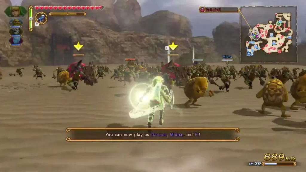 The message You can now play as Darunia, Midna, and Fi! appears over a desert battle The message You can now play as Darunia, Midna, and Fi! appears over a desert battle
