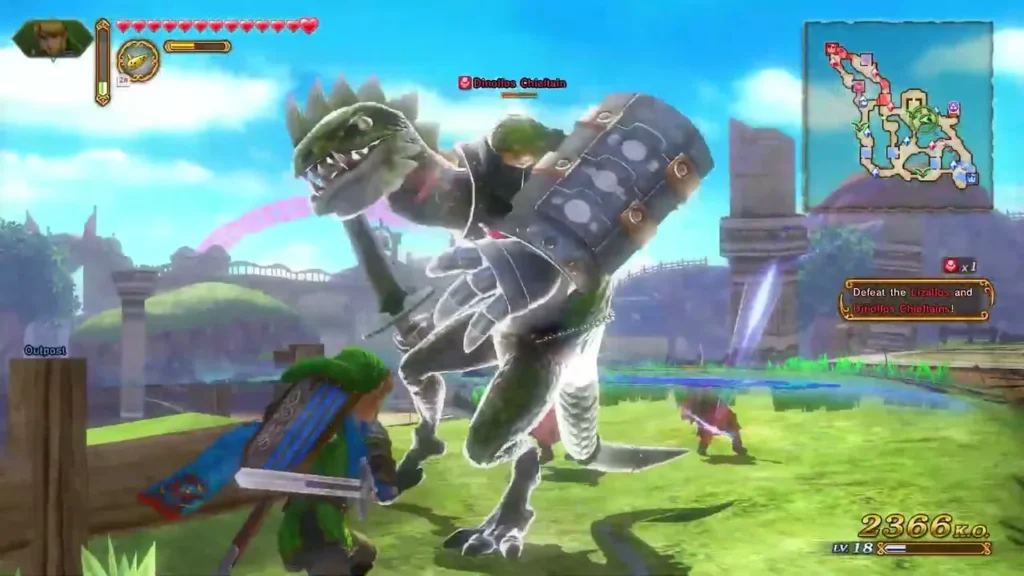 A Dinolfos Chieftain, a huge armored lizard, attacks Link on a sunny battlefield A Dinolfos Chieftain, a huge armored lizard, attacks Link on a sunny battlefield