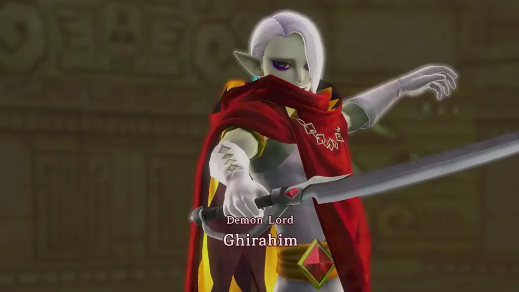 Ghirahim's name card reads Demon Lord Ghirahim as he stands in a red cape with his sword raised Ghirahim's name card reads Demon Lord Ghirahim as he stands in a red cape with his sword raised