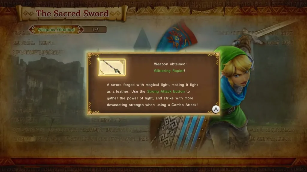 Results screen for The Sacred Sword announces the Glittering Rapier as a weapon obtained Results screen for The Sacred Sword announces the Glittering Rapier as a weapon obtained