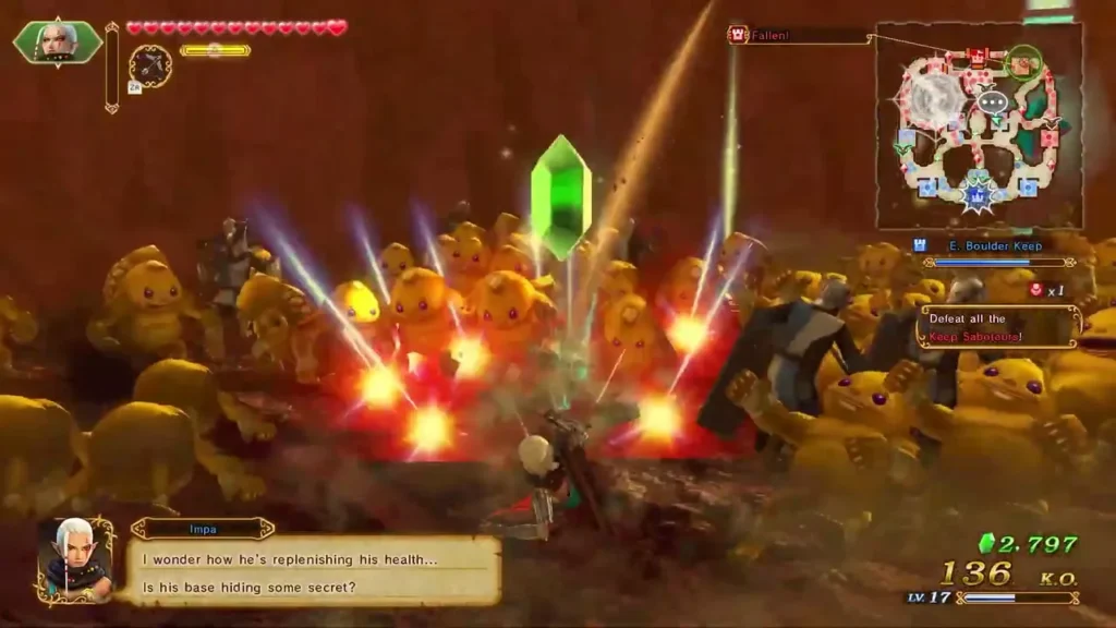 Impa's dialogue box asks about the enemy's health as yellow Goron-like enemies and red blasts fill the battlefield Impa's dialogue box asks about the enemy's health as yellow Goron-like enemies and red blasts fill the battlefield