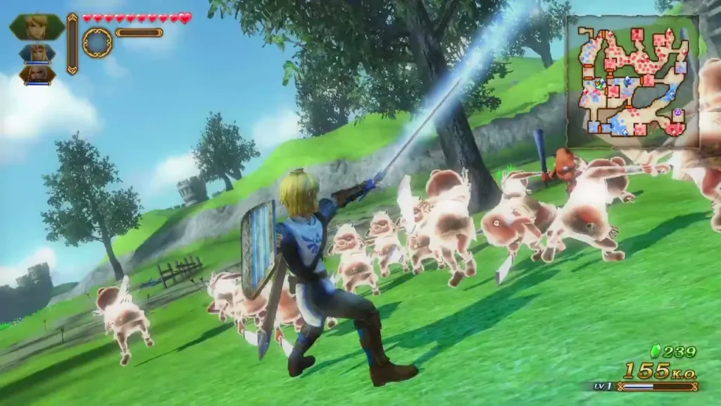 Link swings his sword at a crowd of enemies on Hyrule Field Link swings his sword at a crowd of enemies on Hyrule Field