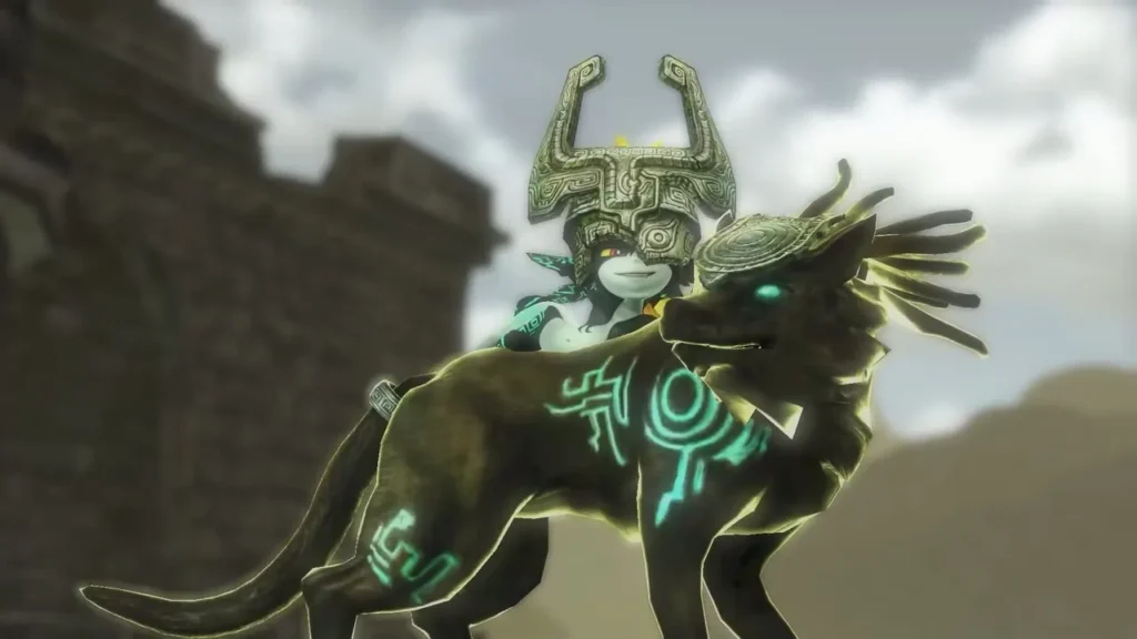 Midna sits atop a Shadow Wolf with glowing green markings in a cutscene Midna sits atop a Shadow Wolf with glowing green markings in a cutscene