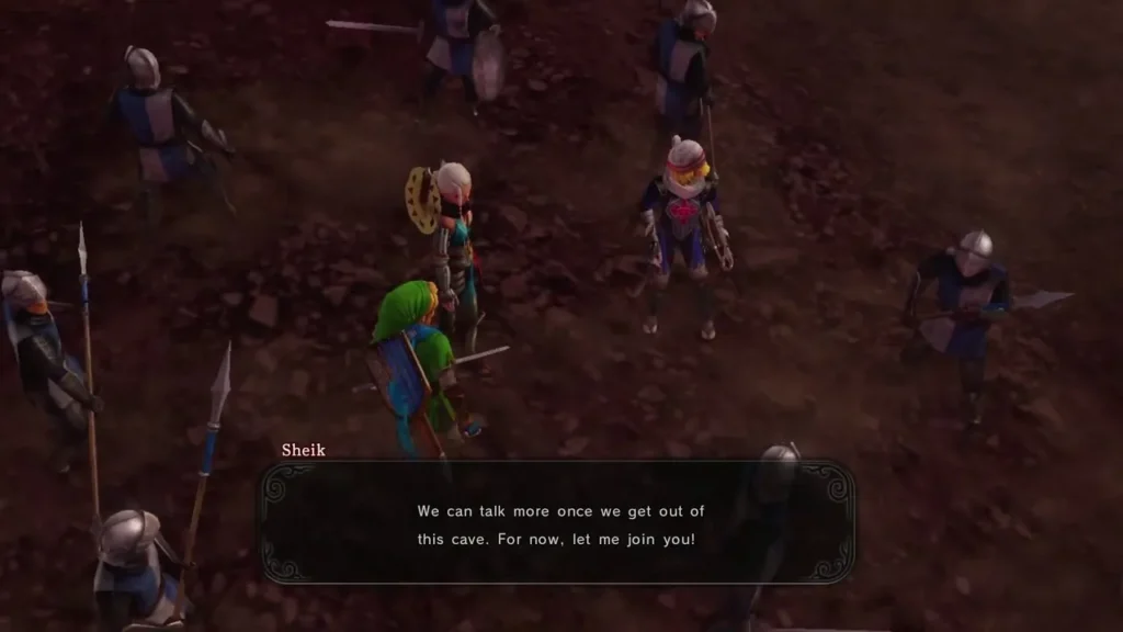 Sheik offers to join Link in a cave, with armoured soldiers around them Sheik offers to join Link in a cave, with armoured soldiers around them