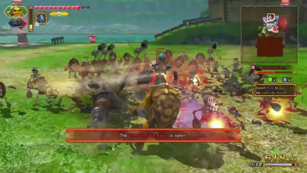 Warriors fight an enemy army on a grassy field as the Temple Face Keep opens Warriors fight an enemy army on a grassy field as the Temple Face Keep opens