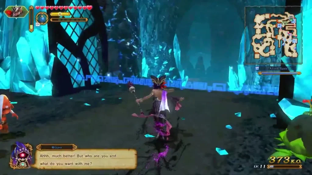 Wizzro asks who Cia is in a dialogue box, in a glowing blue crystal cave Wizzro asks who Cia is in a dialogue box, in a glowing blue crystal cave