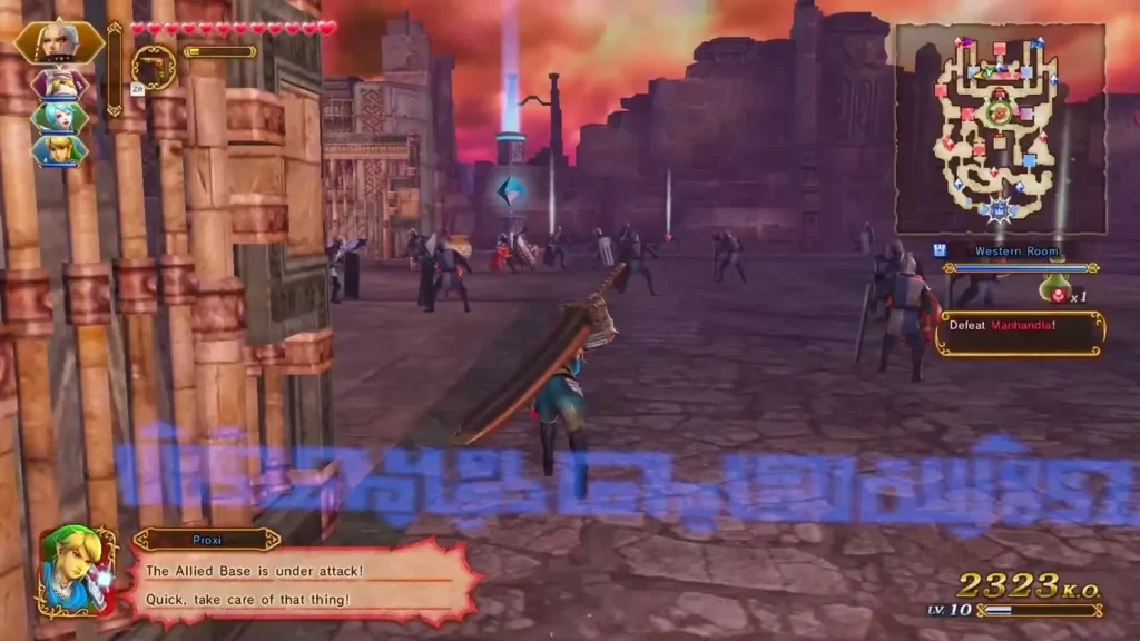 A message reads that the Allied Base is under attack as Link runs through a dark city street