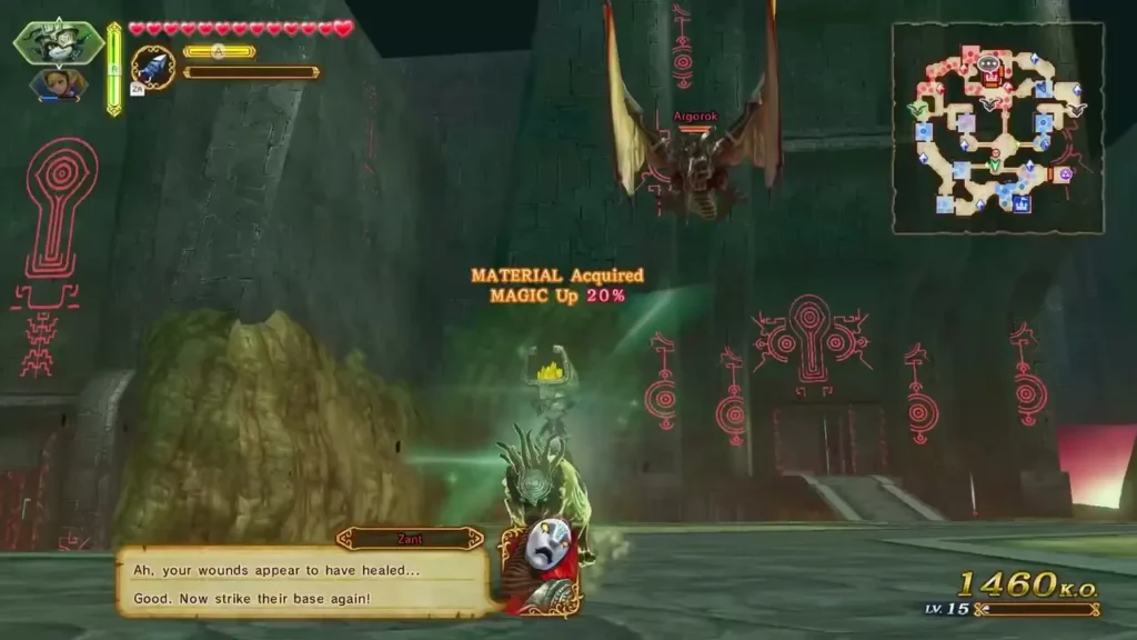 Zant speaks in battle as MATERIAL Acquired and MAGIC Up 20% pop up over the field