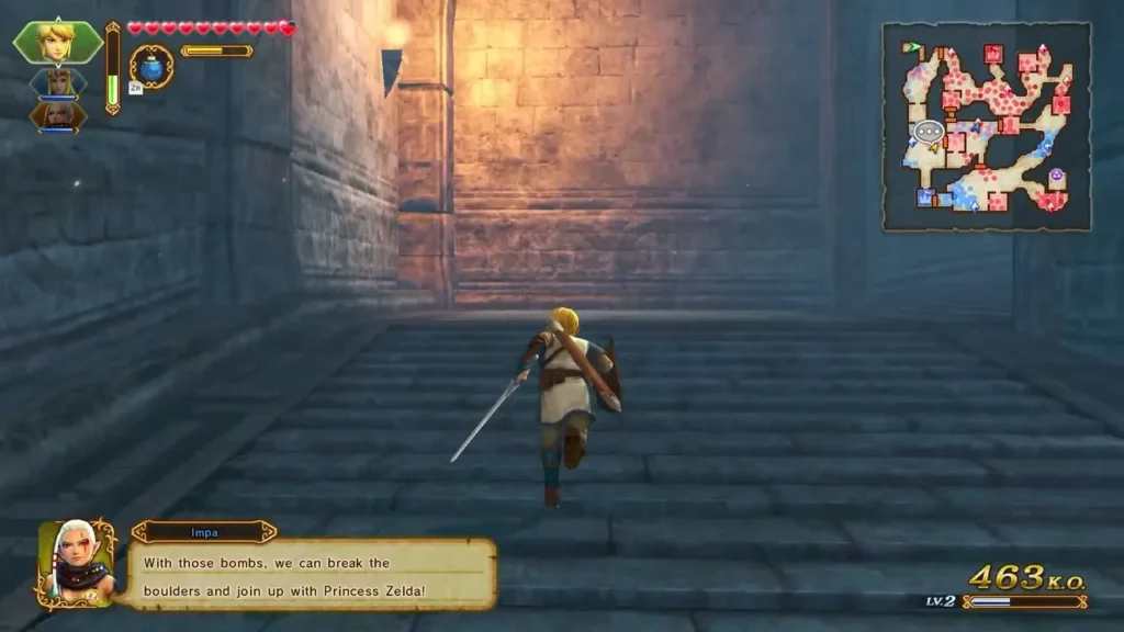 Impa says that with those bombs Link can break the boulders and join up with Princess Zelda