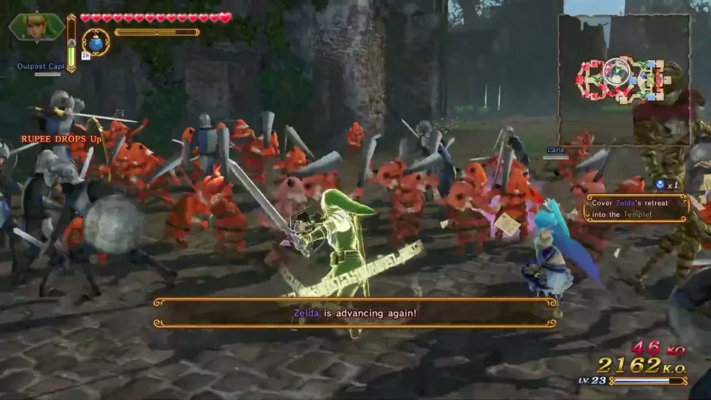 Link fights a crowd of red soldiers with a 46 KO combo counter on screen as Zelda advances