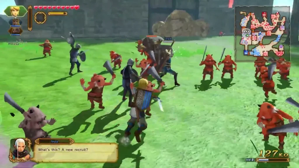 Link swings at red soldiers on Hyrule Field under the message "What's this? A new recruit?"