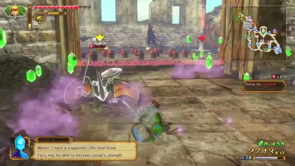 An Aeralfos with spread wings lunges at Link in a ruined courtyard
