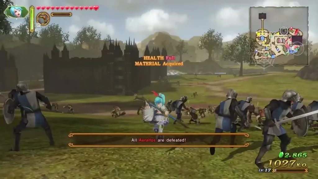 A banner reads All Aeralfos are defeated! as armored knights fight on a grassy field