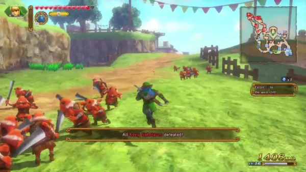 A banner reads All Keep Saboteurs are defeated! as Link fights red soldiers in a grassy field