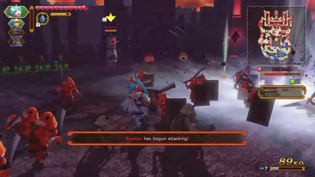 The 'Beamos has begun attacking!' message appears as a red-eyed Beamos statue stands in the battle