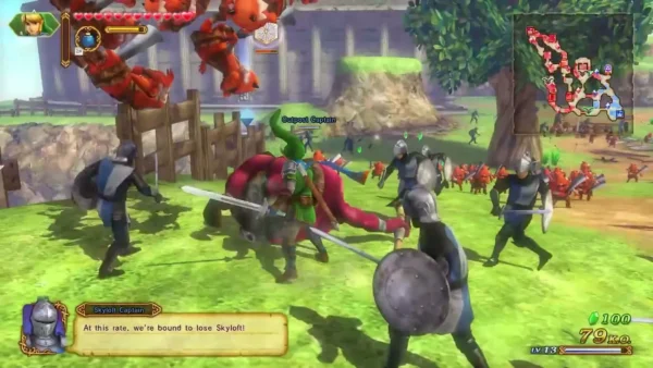 Link fights armored soldiers as red Bokoblins crowd a sunny field behind them