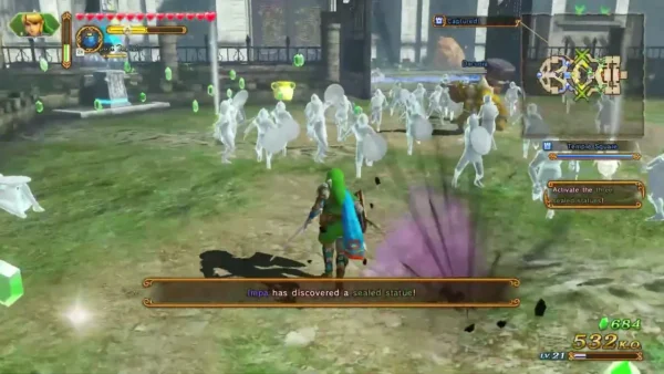 Impa finds a sealed statue while pale Ghost Soldiers surround Link in a ruined courtyard